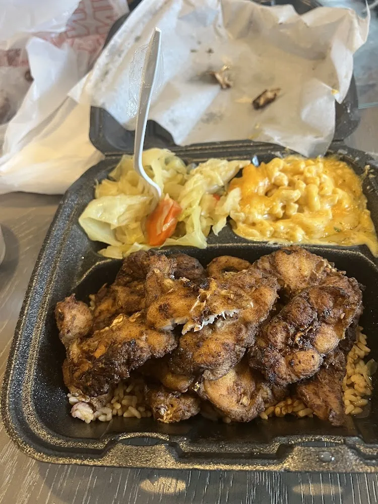 1 2 Jerk Chicken Mac&Cheese Cabbage